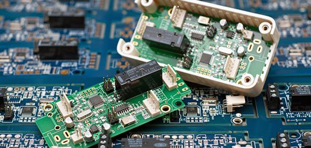 Two small, green circuit boards reasting on a larger, blue circuit relay board.